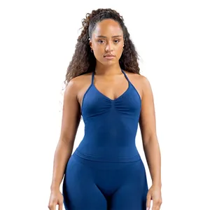 Nauwsluitend marineblauw halter yoga vest en bijpassende legging voor dames
