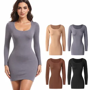 Γυναικείο Φόρεμα Bodycon Χωρίς Ραφές με Ραβδωτή Πλέξη Μακρυμάνικο Σέξι Λαιμόκοψη U Αδυνάτισμα και Έλεγχος Κοιλιάς για Γιόγκα Fitness Casual