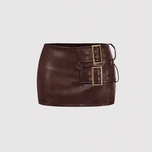 Mini-jupe en Cuir PU Vintage pour Femmes Taille Haute Moulante Style Punk Effet Usé Jupe Courte Avec Boucle Métallique