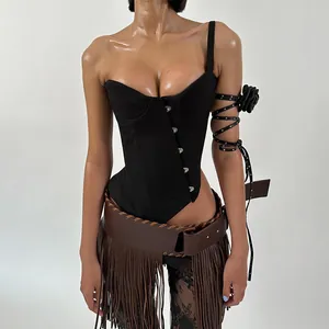 Dames Sexy Zwart Corset Top Asymmetrische Haak En Oog Sluiting Mouwloze Crop Top Effen Kleur Streetwear Bustier Top