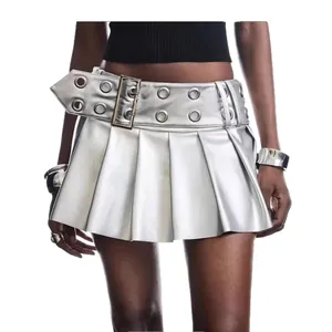 Sexy punk style metallic silver pleated mini skirt with wide grommet belt for street wear