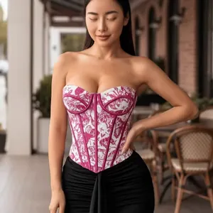 Detail view of a French floral jacquard corset with fishbone structure for waist shaping