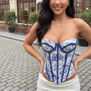 Detail view of a French jacquard fishbone corset with blue butterfly pattern on model.