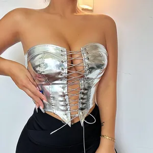 Top corset sexy argenté métallique à lacets pour femmes clubwear style minceur élégant