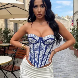 Detailed shot of a French jacquard corset with bone support on a model outdoors