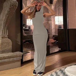 Grey sleeveless hooded maxi dress with slim fit design for modern women's fashion