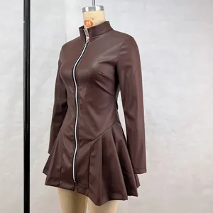 Close-up detail of a dark brown PU leather long sleeve dress featuring a front zipper