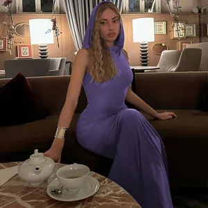 Elegant purple sleeveless hooded maxi dress featuring a high-fashion slim fit silhouette.