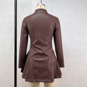 Detailed back view of a slim fit brown PU leather long-sleeved pleated dress on a dress form