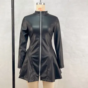 Close-up of elegant slim fit long sleeve pleated PU leather zipper dress on mannequin
