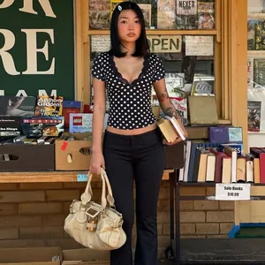Crop top trendy a pois con scollo a V slim fit a maniche corte da donna stile vintage