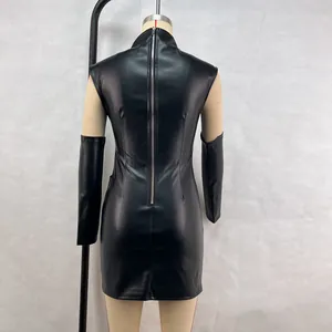 Back view of black PU leather stand collar dress with long silver zipper and sleeves