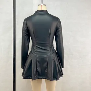Detailed back view of a chic long-sleeved black PU leather pleated dress on mannequin