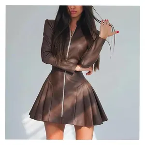 Women's Fashion PU Leather Pleated Long Sleeve Zipper Dress Western Slim Fit Stand Collar Mini Dress Solid Color Party Wear