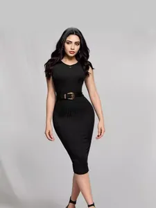Abito Midi Donna Estate Nuovo Tinta Unita Girocollo Senza Maniche a Costine Tubino Poliestere Abito Canotta Con Cintura Per Festa Casual Appuntamenti