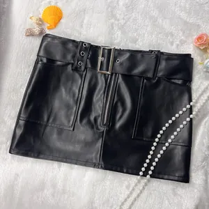 Women's Vintage Y2K PU Leather Mini Skirt Sexy Low Waist Bodycon Clubwear Skirt With Metal Grommet Belt Fashion Bottom