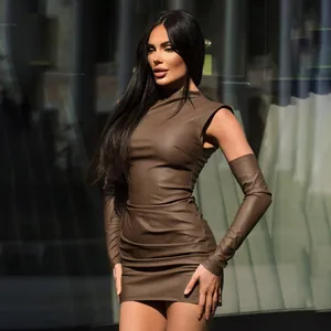 Close-up of brown PU leather sleeveless dress with ruched skirt and high collar.