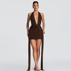 Deep V-neck brown halter dress with decorative water drop beads and long streamers