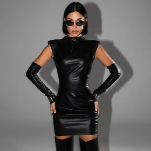 Detailed view of edgy black PU leather ruched bodycon dress with matching arm warmers