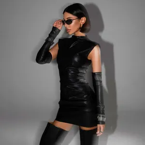Chic black PU leather mini dress set with matching arm sleeves for edgy street style look