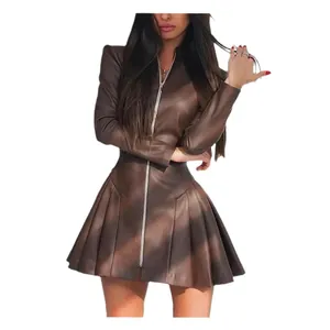 Stylish brown long sleeve PU leather mini dress with front zipper and pleated skirt detail