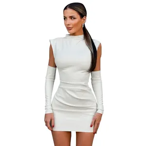 Sleek white PU leather bodycon dress set with matching arm sleeves and mock neck detail
