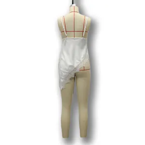 Detailed back view of a sexy white lace trim camisole with an asymmetric hemline