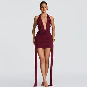 Women's Sexy Halter Deep V-Neck Bodycon Mini Dress Ruched Cocktail Party Dress With Waterdrop Beads Long Streamers