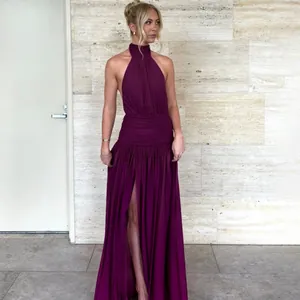 Sexy Halter Neck Backless Maxi Dress For Women Polyester Spandex High Slit Ruched Elegant Sleeveless Long Party Clubwear Dress