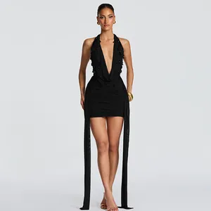 Chic black bodycon halter dress featuring deep V-neckline and elegant teardrop charms