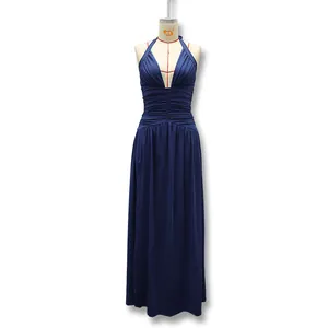 Detailed view of navy blue halter neck backless maxi dress on tailor mannequin