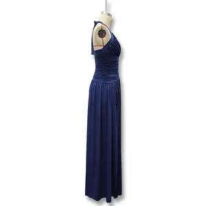 Elegant navy blue halter neck maxi dress with side slit and pleated bodice details
