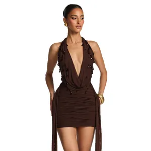 Elegant brown deep V-neck halter mini dress with water drop beads and trailing sashes