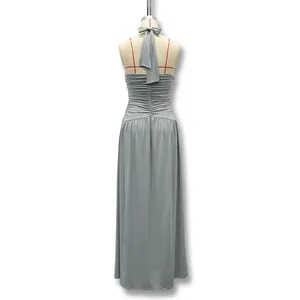 Back view of an elegant grey halter neck backless maxi dress with ruched details