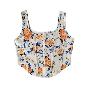 Canotta corta stile corsetto con stampa floreale vintage e scollo quadrato