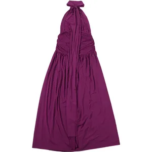 Elegant purple halter neck maxi dress with ruched bodice and long ties