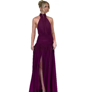 Elegant plum halter neck backless maxi dress with high slit and waist tie details