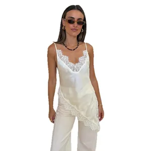 White sexy lace trim camisole featuring an asymmetrical hem and V-neckline for women