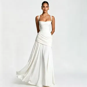 Elegantes weißes ärmelloses Maxikleid mit tiefem Ausschnitt und Raffung für Damen