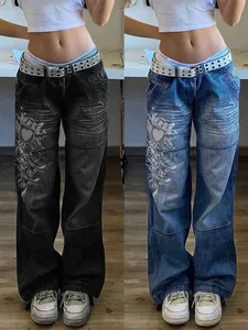 Jeans en Denim de Style de Rue Rétro Y2K pour Femmes avec Imprimé Cœur Délavé Usé Taille Basse Pantalon Denim Ample Droit Bas