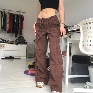 Vintage brown multi-pocket cargo pants in loose street style for women with baggy fit