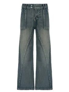 Jeans a gamba larga a vita alta lavati e invecchiati da donna con doppia chiusura