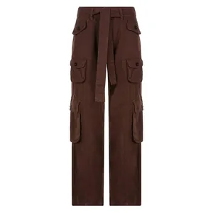 Detailed front view of women's vintage brown multi-pocket cargo pants with matching fabric belt