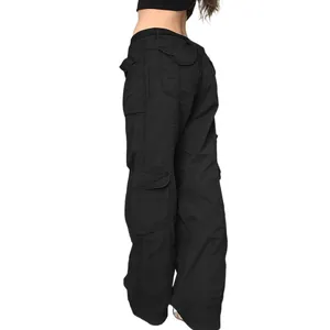 Women's black loose cargo pants with multiple pockets shown from a side back view