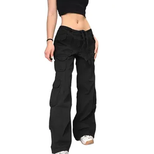 Detail view of women's retro black multi-pocket cargo pants in a loose street style