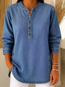 Women's Washed Denim Shirt V-Neck Button Down Casual Loose Fit Short Sleeve Blouse Retro Western Style Washed Denim Top