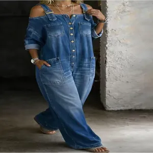 Fashionable off-the-shoulder denim jumpsuit with multi-pockets and wide-leg design