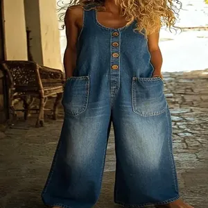 Mono vaquero retro de pierna ancha para mujer con bolsillos y detalles de botones