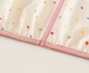 Macro shot of colorful polka dot children's jacket hem featuring a pink zipper detail