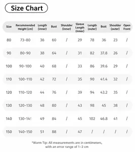 Comprehensive size chart for girls hooded windproof storm jacket for outdoor hiking